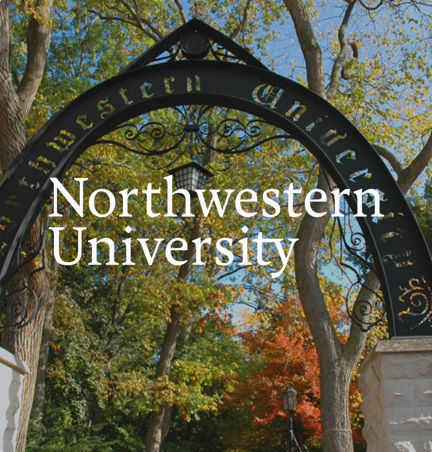 A square photo of Northwestern University's entrance arch, with the school logo overlaid on top.